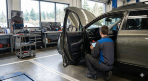 Technician performing vehicle diagnostics at an auto repair shop in Shoreline, WA