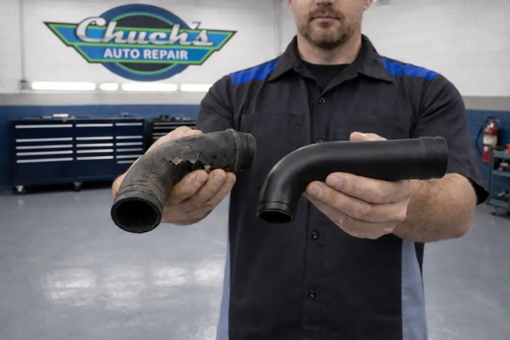 Mechanic inspecting worn serpentine belt and coolant hoses inside engine bay in Seattle shop