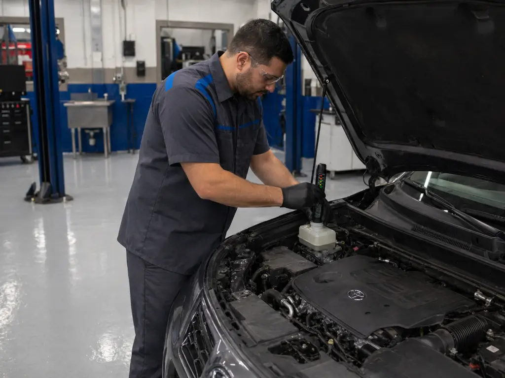 Technician performing brake fluid flush with proper equipment and system bleeding in Seattle shop