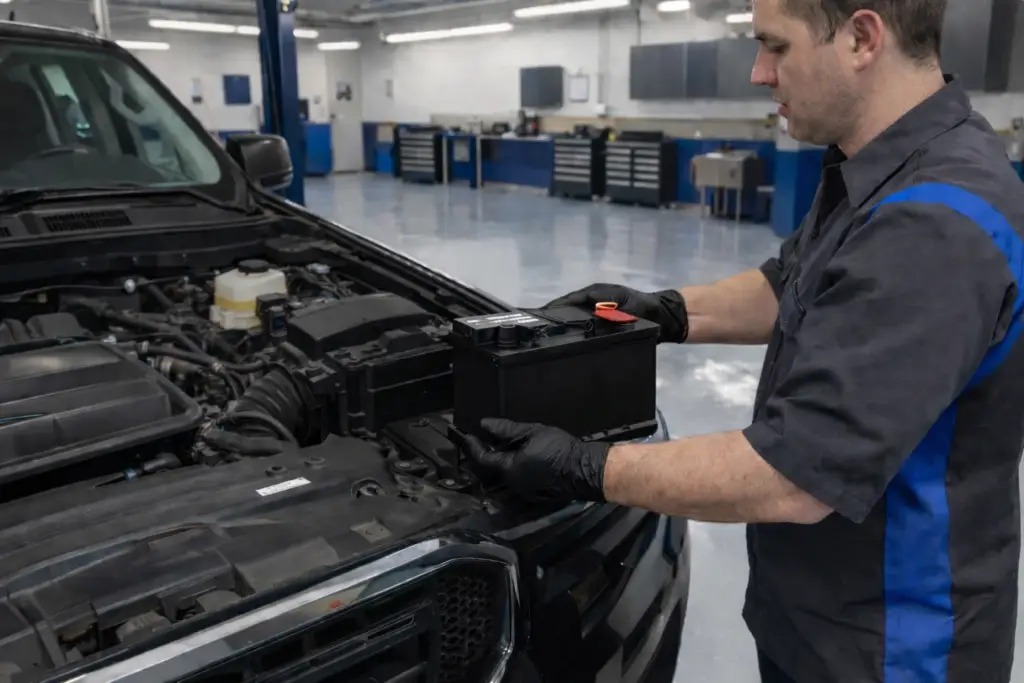 Technician installing new car battery with proper terminal connection and secure mounting in Seattle auto shop