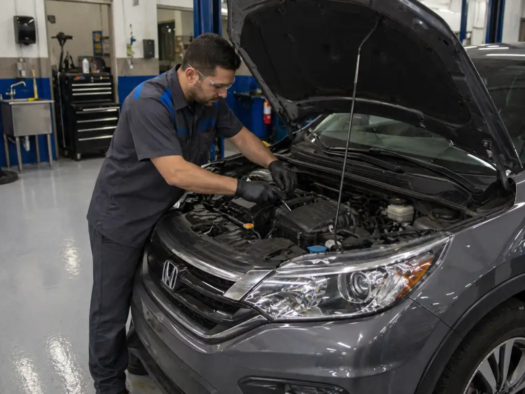 Mechanic replacing engine air filter on vehicle in Seattle auto repair shop with correct positioning and clean housing