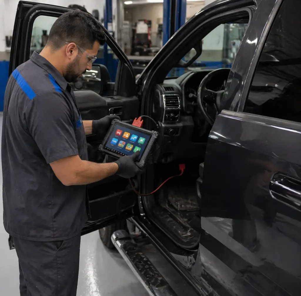 Technician working on engine components with tools properly engaged inside Seattle auto repair shop