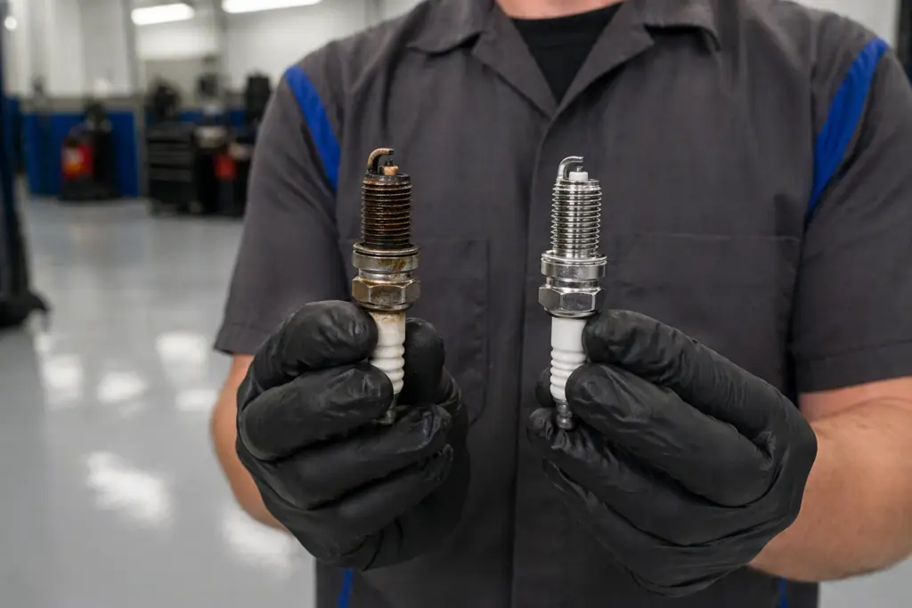 Technician performing engine tune-up including spark plug inspection and replacement in Seattle shop