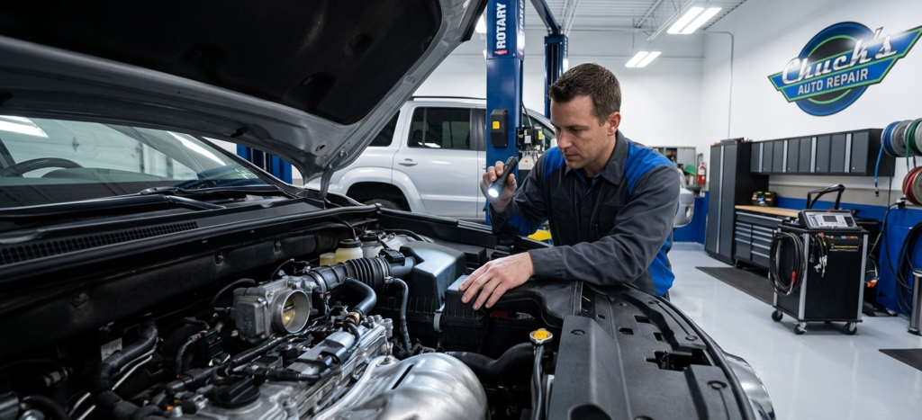 Fuel economy inspection Shoreline WA technician checking vehicle performance at Chuck’s Auto Repair Shoreline