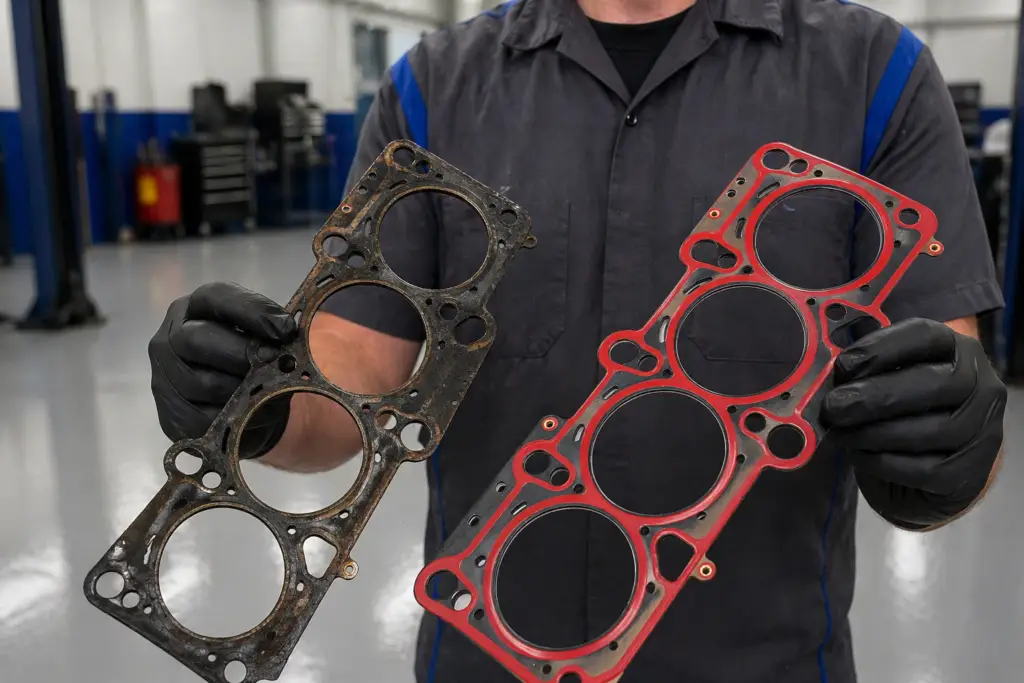 Technician inspecting engine head gasket area with visible coolant and oil interaction in Seattle shop