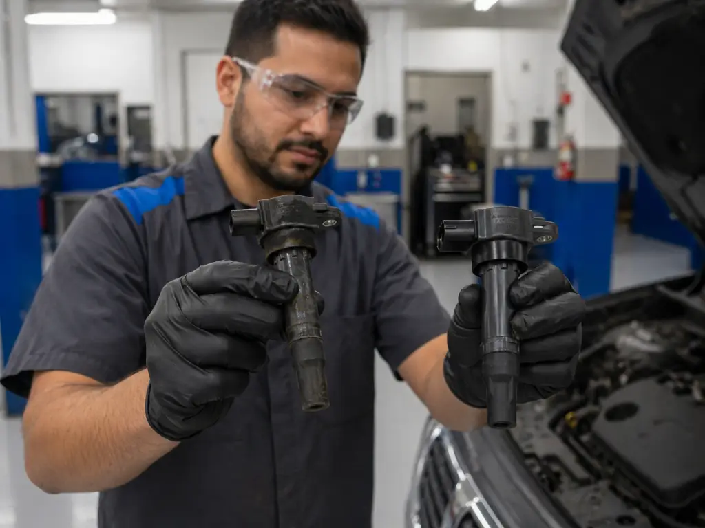 Technician replacing ignition coil on engine with proper electrical connection and positioning in Seattle shop
