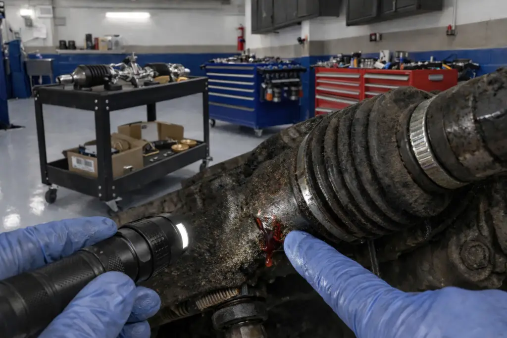 mechanic diagnosing major power steering rack failure leak inside professional auto repair shop in Seattle WA with blue walls and epoxy floor