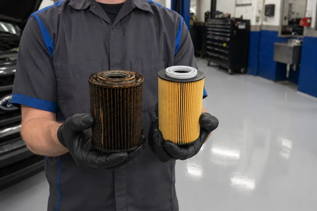 Technician performing oil change service with proper drain and refill procedure in Seattle auto repair shop