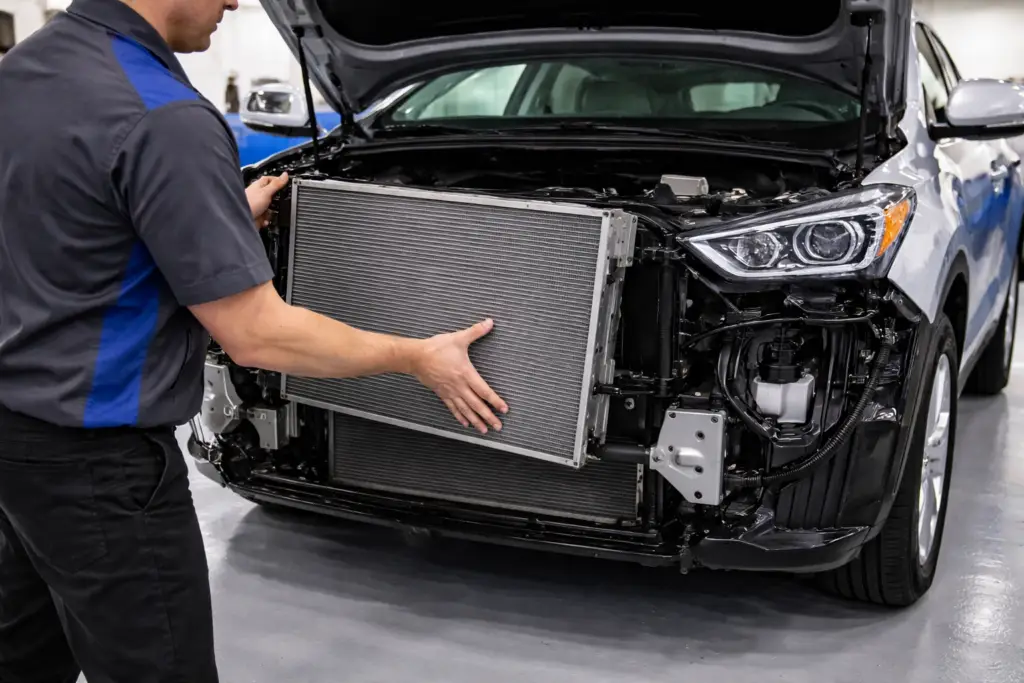 Radiator replacement on Hyundai Santa Fe at Chuck’s Auto Repair Shoreline in Seattle
