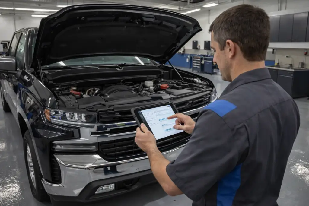 Technician performing comprehensive vehicle inspection in Seattle auto shop before road trip decision