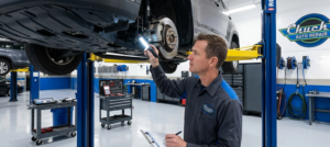 Spring car maintenance Shoreline WA technician performing vehicle inspection at Chuck’s Auto Repair