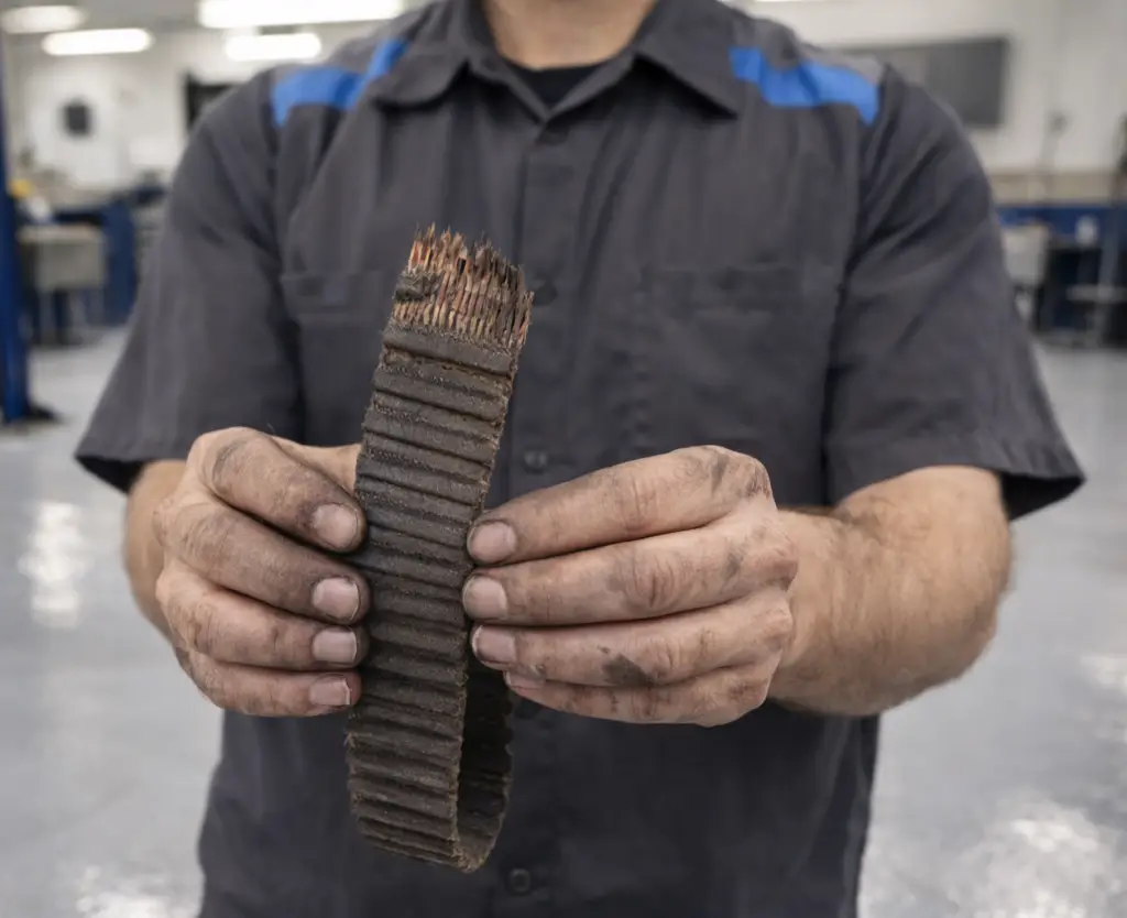 Technician holding worn timing belt next to new replacement inside Seattle auto repair shop