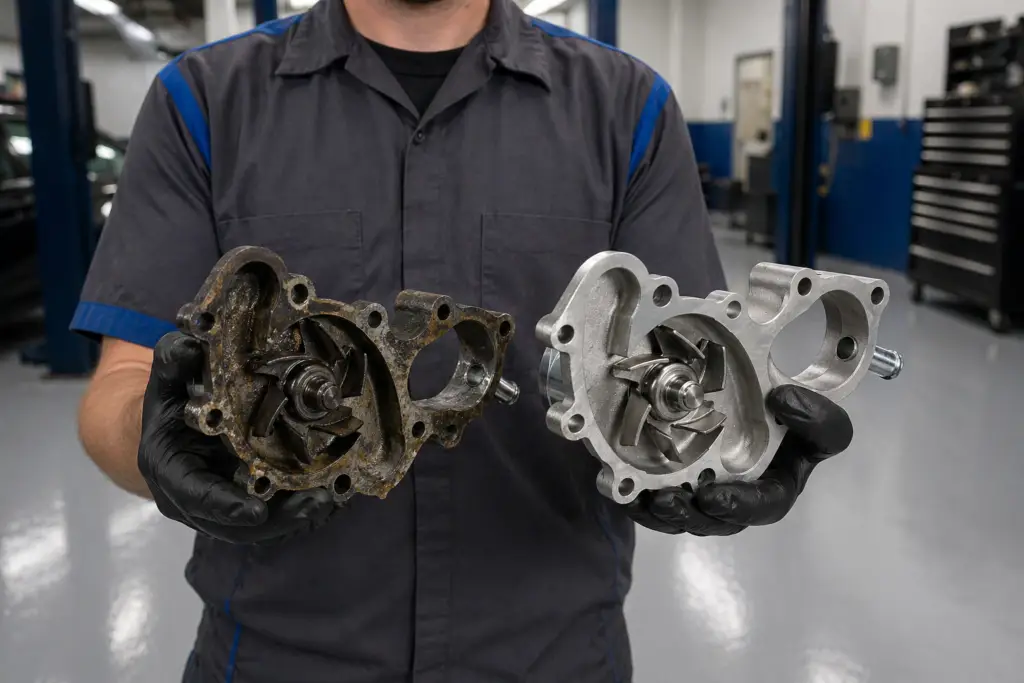 Technician holding worn water pump next to new replacement for comparison in Seattle auto shop
