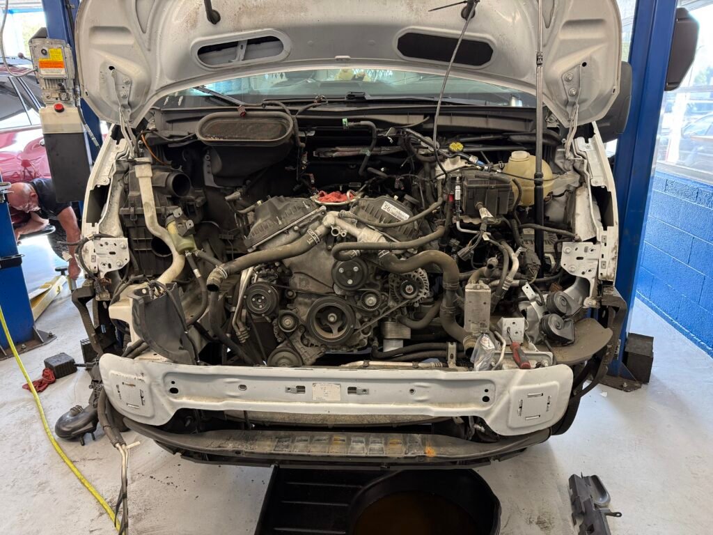 3.5L EcoBoost timing system exposed during repair on a Ford F-150 at Chuck’s Auto Repair – Shoreline.