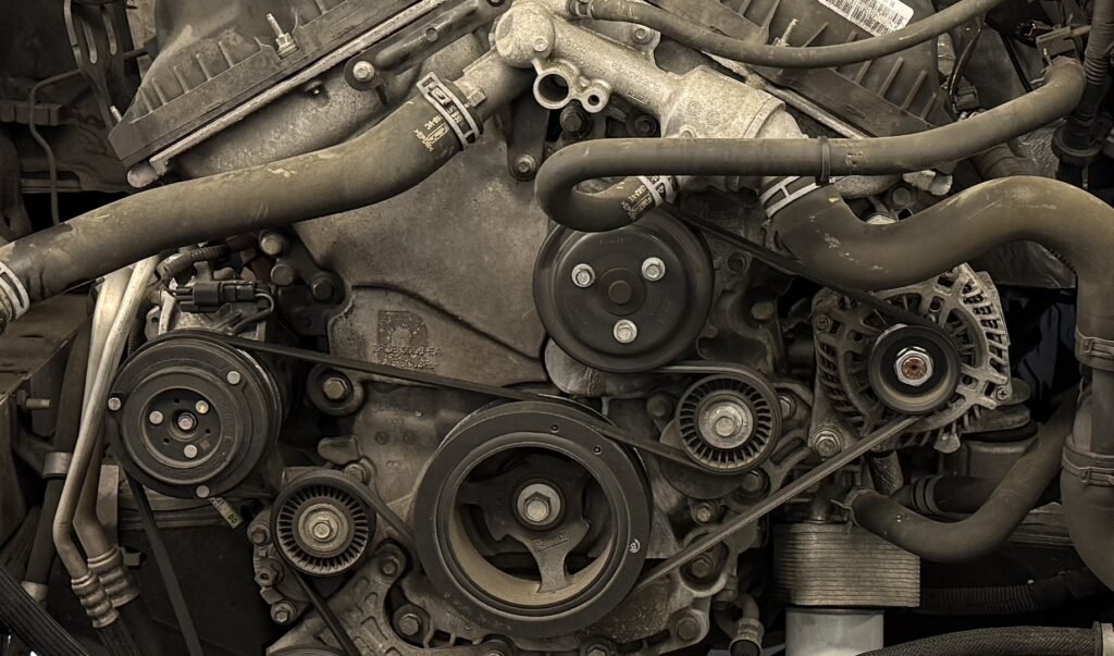 Timing chain and related components exposed on a 3.5L EcoBoost Ford F-150 engine.