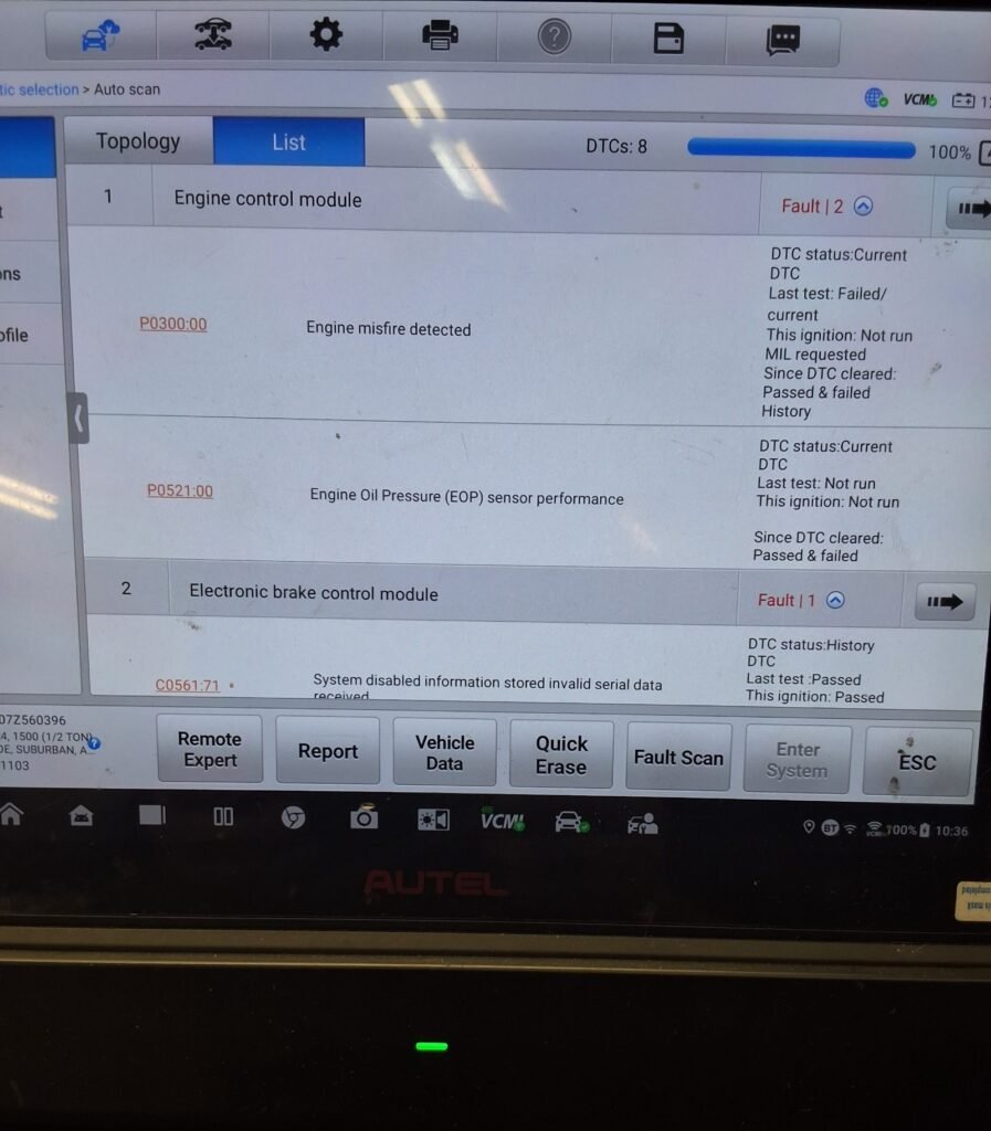 Diagnostic scan showing P0300 engine misfire detected on a Chevrolet Silverado.