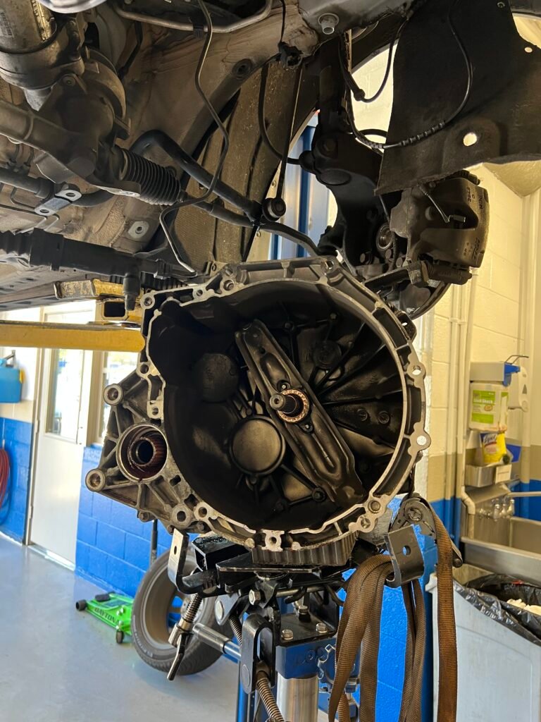 Manual transmission bellhousing exposed during clutch replacement on a MINI Countryman S ALL4.