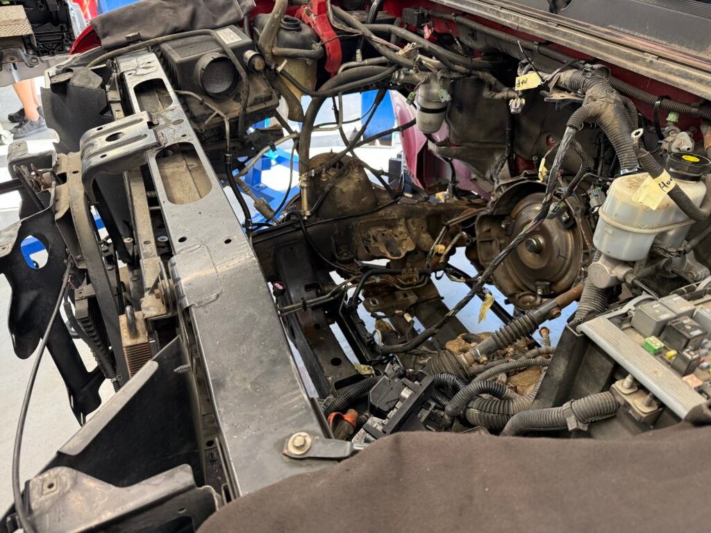 Chevrolet Silverado engine bay after removal of the original engine.