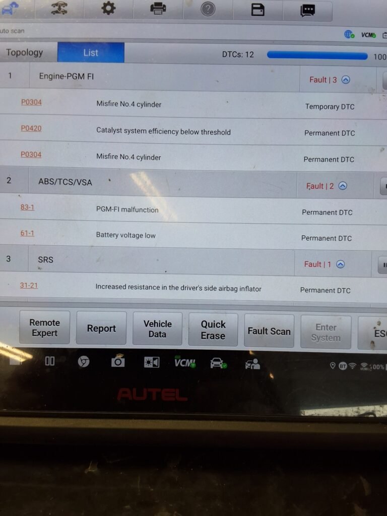 Diagnostic scan used while testing a cylinder 4 misfire on an Acura TSX.
